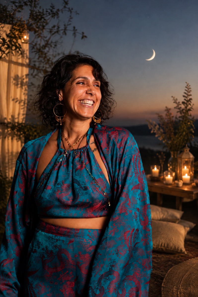 Tal at dusk, candlelight and a crescent moon behind her