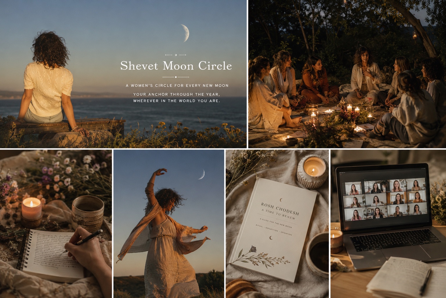 A moodboard collage for Shevet Moon Circle: journaling, dancing under the moon, a ritual card, and a Zoom circle